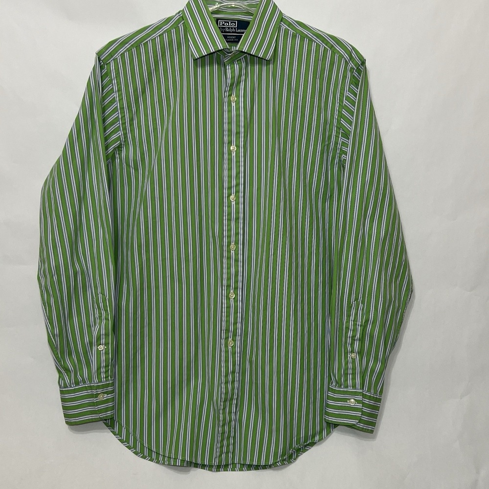 Polo Ralph Lauren Classic Oxford Long Sleeve Green Striped Shirt Men 16 34/35